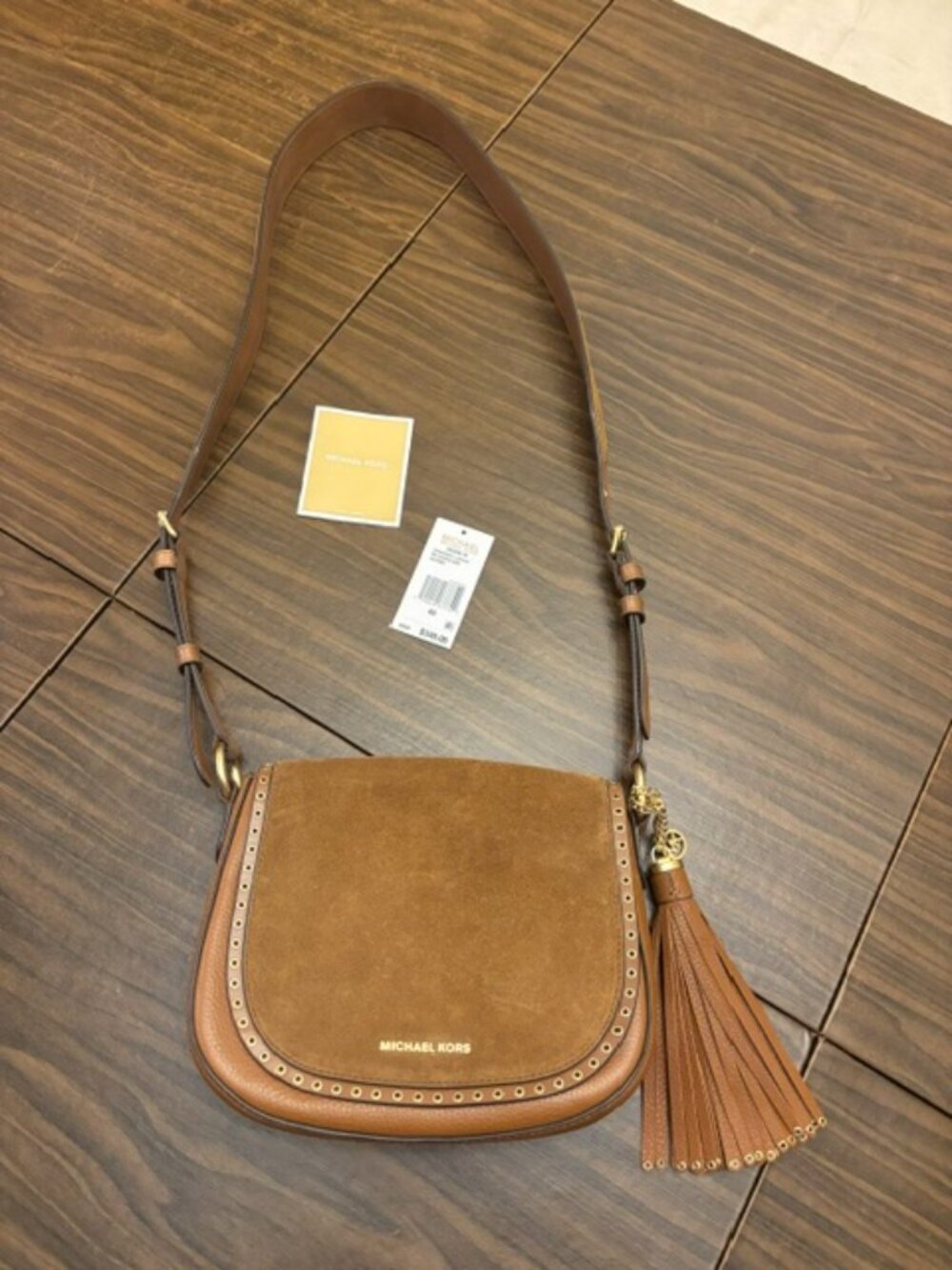 Michael Kors Brown Suede and Leather Crossbody Saddle Bag (BROOKLYN)